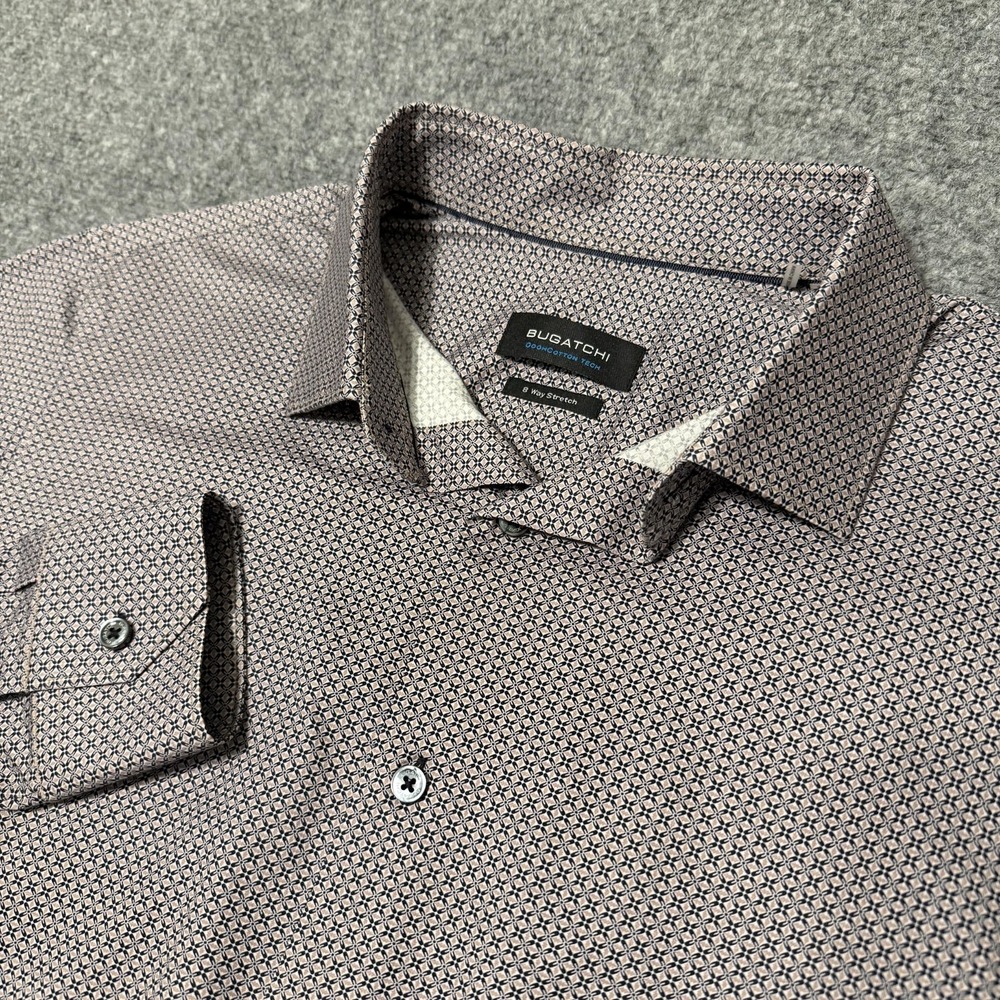 Bugatchi OoohCotton Tech Dress Shirt Black Tan Geometric Sz Large 8-Way Stretch